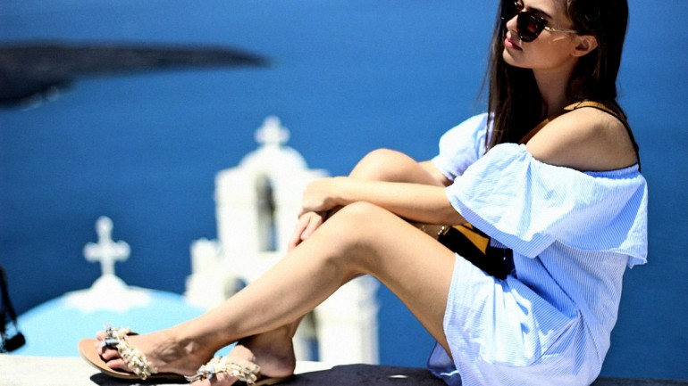 Santorini Streetstyle w/ Zara Off-Shoulder Dress and Asos Cat-Eye Shades